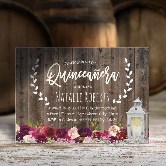 Lantern Rustic Burgundy Floral Quinceanera 15