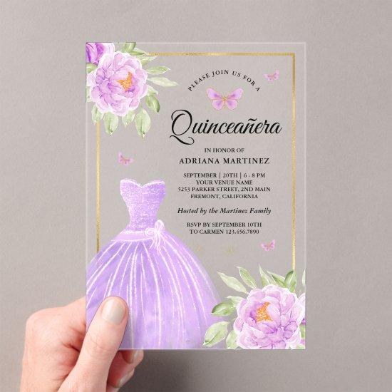 Lavender Floral Dress Butterfly Gold Quinceanera Acrylic