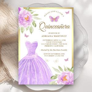 Lavender Floral Dress Butterfly Gold Quinceanera