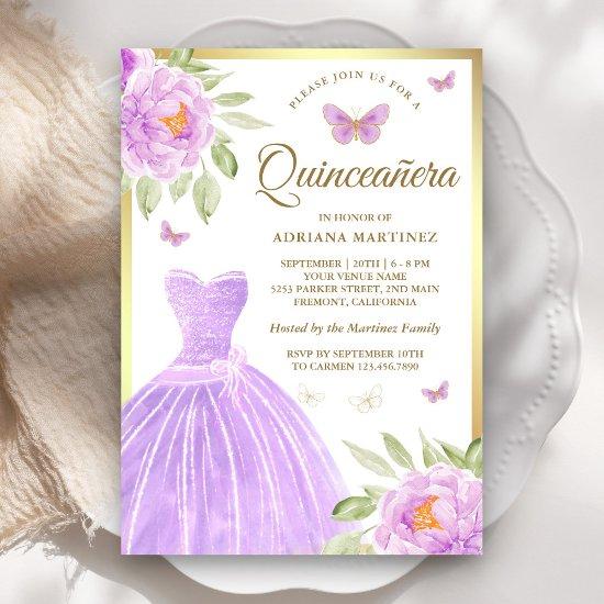 Lavender Floral Dress Butterfly Gold Quinceanera