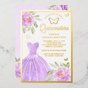 Lavender Floral Dress Butterfly Quinceanera Gold Foil