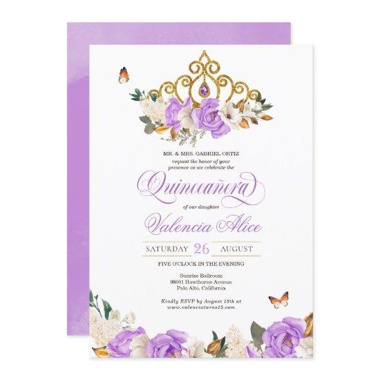 Lavender Floral Gold Tiara Butterfly Quinceanera