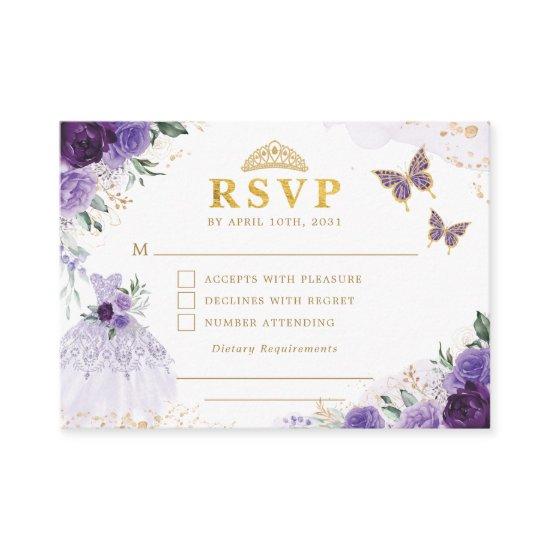 Lavender Floral Quinceanera Princess Dress RSVP Enclosure Card