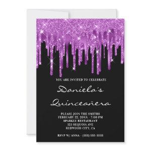 Lavender Glitter Foil Drip Black Quinceañera