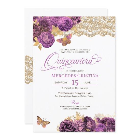 Lavender Mauve Roses & Lace Butterfly Quinceañera