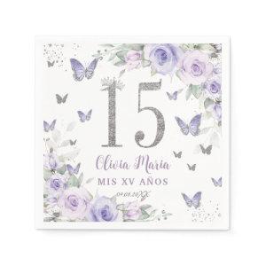 Lavender Purple Floral Butterflies Quinceañera 15 Napkins