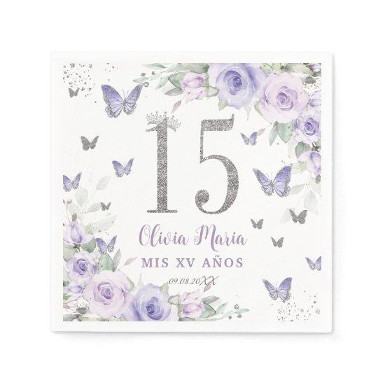 Lavender Purple Floral Butterflies Quinceañera 15 Napkins