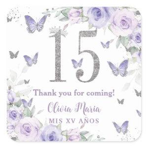 Lavender Purple Floral Butterflies Quinceañera 15 Square Sticker