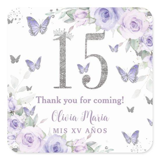 Lavender Purple Floral Butterflies Quinceañera 15 Square Sticker