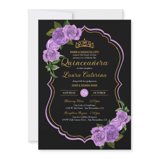 Lavender Purple Roses Gold Elegant Quinceañera