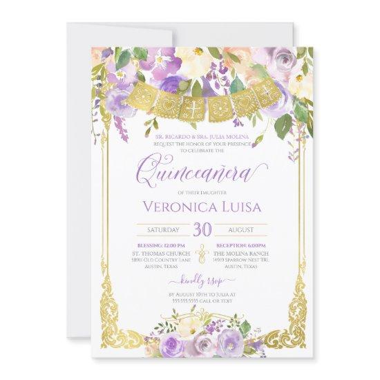 Lavender Purple Watercolor Floral Gold Quinceanera