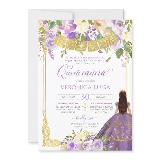 Lavender Purple Watercolor Floral Gold Quinceanera