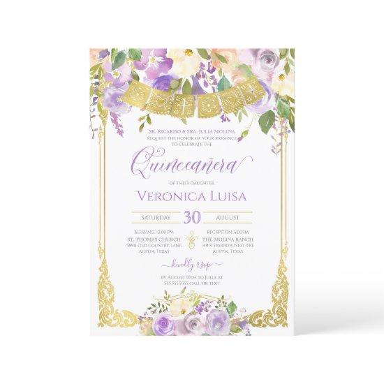 Lavender Purple Watercolor Floral Gold Quinceanera