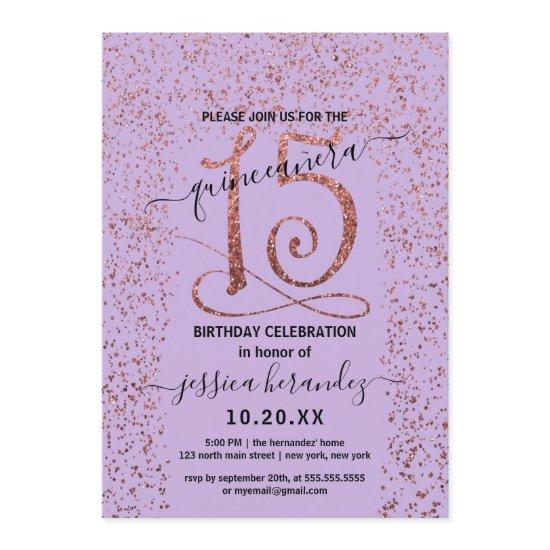 Lavender Rose Gold Confetti Border Quinceañera