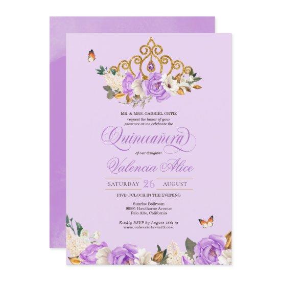 Lavender Roses Gold Princess Butterfly Quinceañera