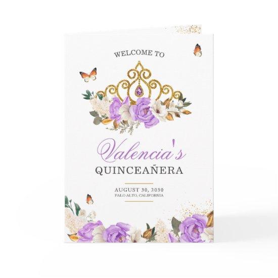 Lavender Roses Gold Tiara Butterfly Quinceanera Program
