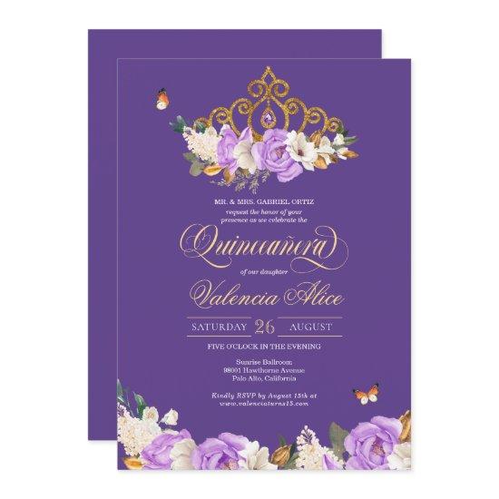 Lavender Roses Royal Purple Gold Tiara Quinceanera