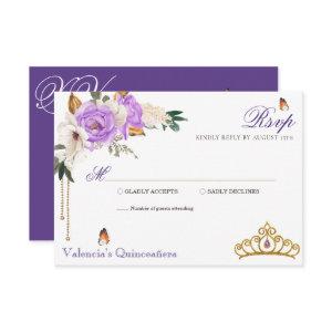 Lavender Roses Royal Purple Gold Tiara Quinceanera RSVP Card