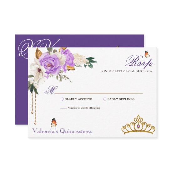 Lavender Roses Royal Purple Gold Tiara Quinceanera RSVP Card