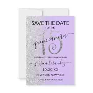 Lavender Silver Glitter Quinceañera Save the Date