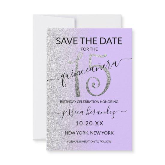 Lavender Silver Glitter Quinceañera Save the Date