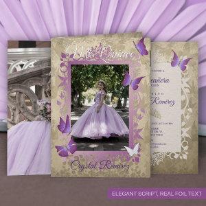 Lavender, Silver Vintage Butterflies Quinceanera Foil Greeting Card