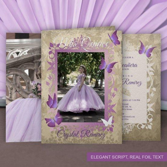 Lavender, Silver Vintage Butterflies Quinceanera Foil Greeting Card