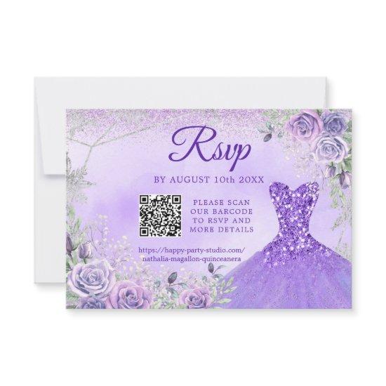 Lavender Snowflake Christmas Quinceañera 15th QR RSVP Card