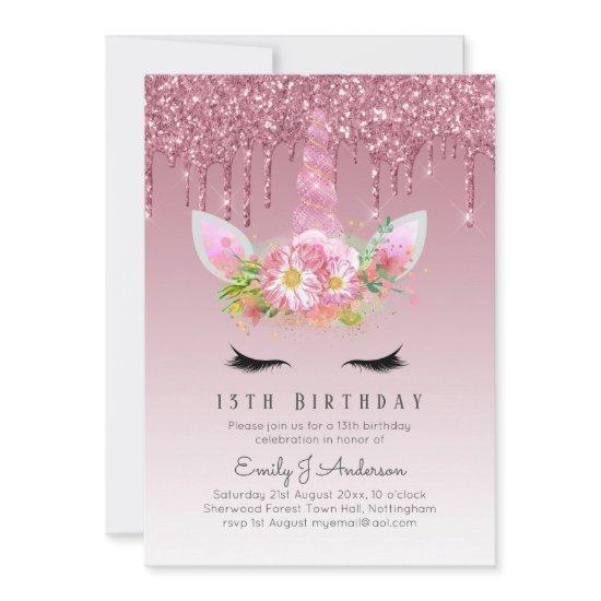 LeahG Pink Glitter Unicorn Girls Birthday Invites