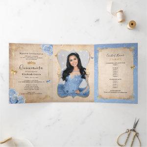 Light Baby Blue and Gold Elegant Photo Quinceanera Tri-Fold