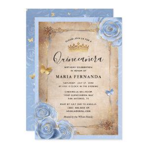 Light Baby Blue and Gold Rose Elegant Quinceanera
