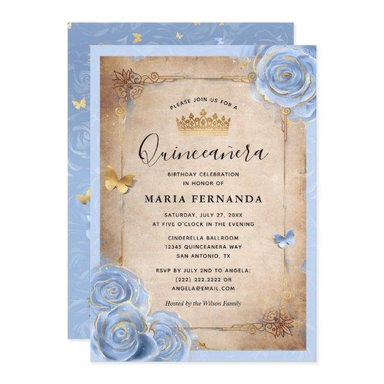 Light Baby Blue and Gold Rose Elegant Quinceanera