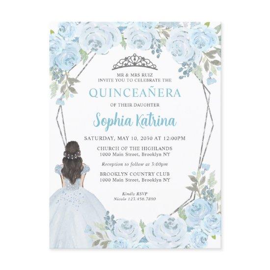 Light Baby Blue Silver Floral Princess Quinceañera Postcard