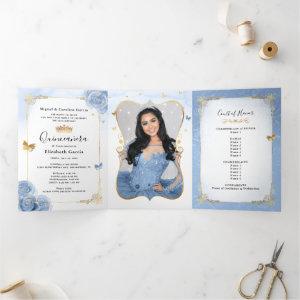 Light Blue and Gold Elegant Spanish Photo Quince Tri-Fold