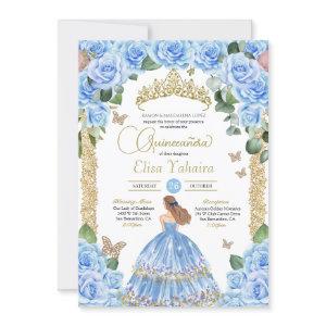 Light Blue Floral Gold Butterfly Quinceañera