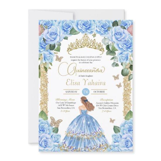 Light Blue Floral Gold Butterfly Quinceañera