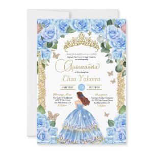 Light Blue Floral Gold Butterfly Quinceañera
