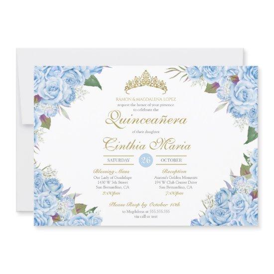 Light Blue Floral Rose Cinderella Quinceanera