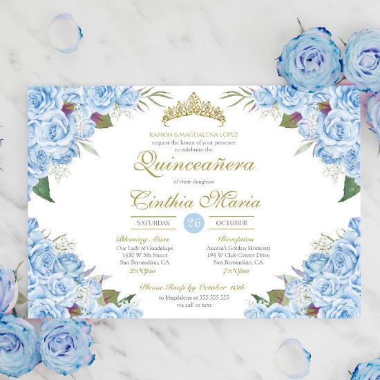Light Blue Floral Rose Cinderella Quinceanera