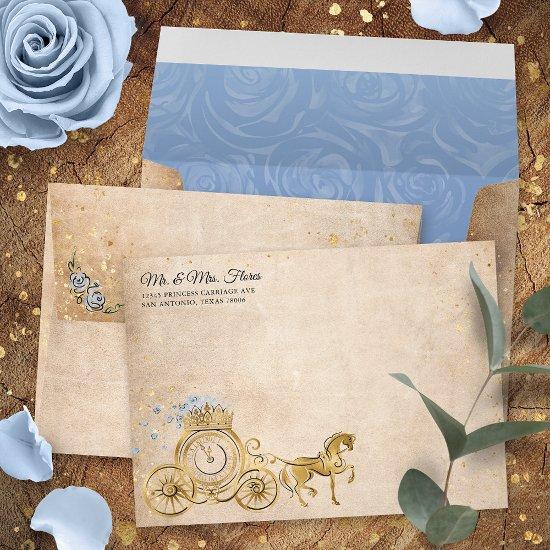 Light Blue Gold Princess Carriage Return Address Envelope