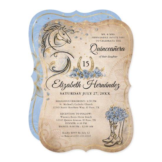 Light Blue Gold Quinceanera Rustic Horse Birthday