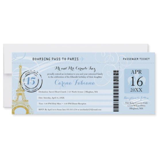 Light Blue Quinceanera Boarding Pass to Paris