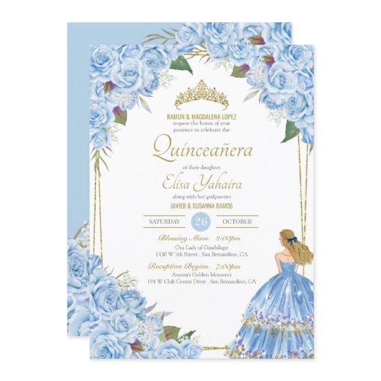 Light Blue Quinceanera Elegant Dress Rose Floral I