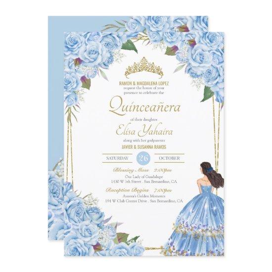 Light Blue Quinceanera Elegant Dress Rose Floral