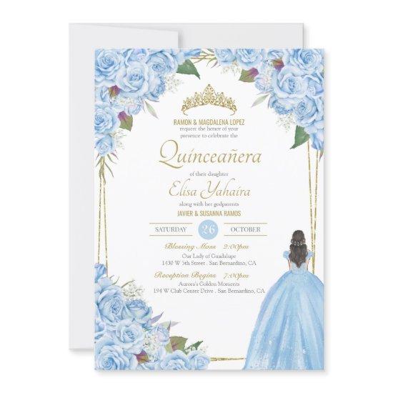 Light Blue Quinceanera Elegant Dress Rose Floral