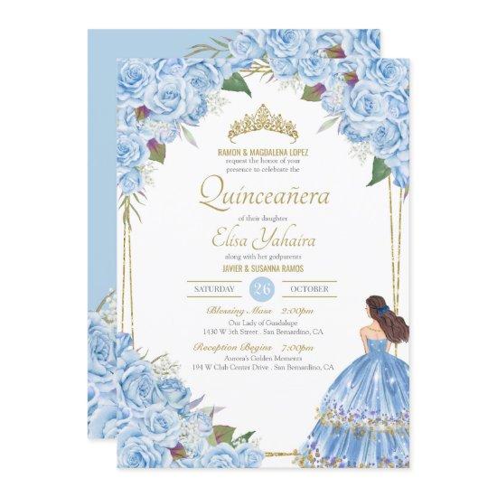 Light Blue Quinceanera Elegant Dress Rose Floral