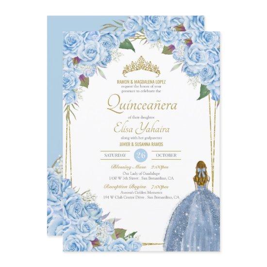 Light Blue Quinceanera Floral Rose Elegant Quince