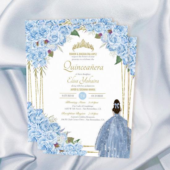 Light Blue Quinceanera Floral Rose Elegant Quince