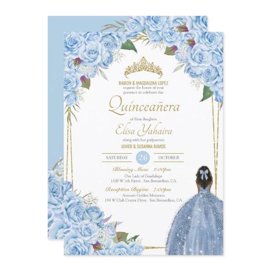 Light Blue Quinceanera Floral Rose Elegant Quince