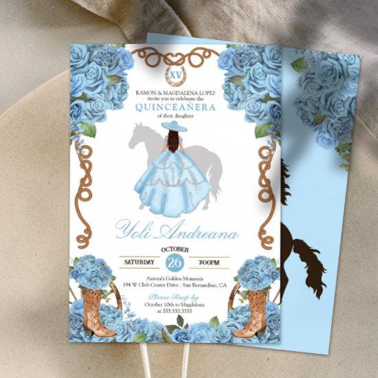 Light Blue Rose Boots Charro Vestidos Quinceanera